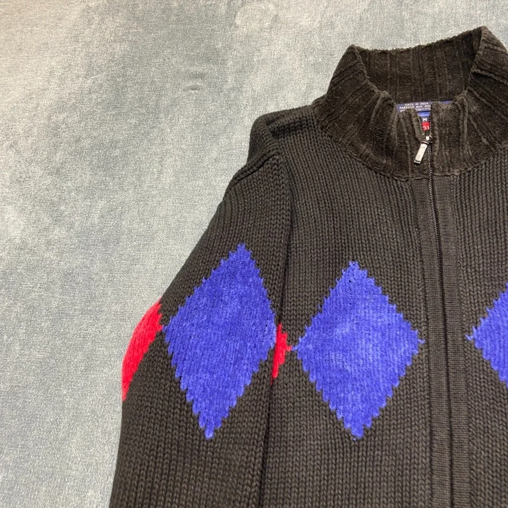 Vintage Tommy Hilfiger Sweater Mens S Black Diamond Mock Neck Knitted Full Zip
